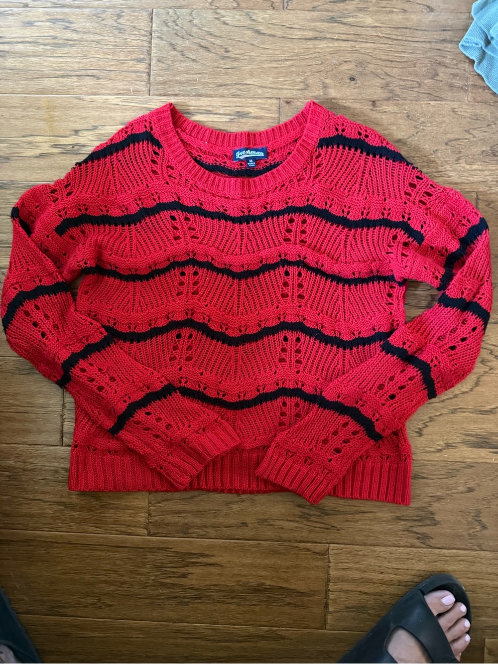 Freshman Red Open-Knit Crew Sweater with Black Stripe Detail